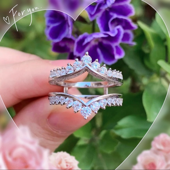 💖 Double tiara crown wedding bands Cage Cluster Enhancer Guard bridal Ring - Picture 3 of 5